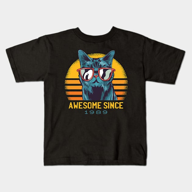 Awesome Since 1989 Vintage Cat Kids T-Shirt by Kali Space